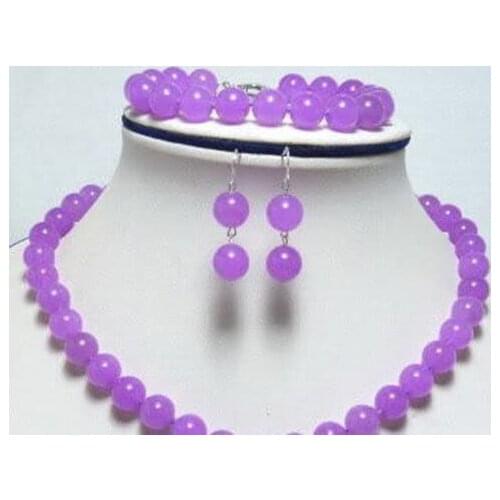 Free shipping of new fashion charming genuine 10mm purple jades chalcedony stone necklace bracelet earring set BV151