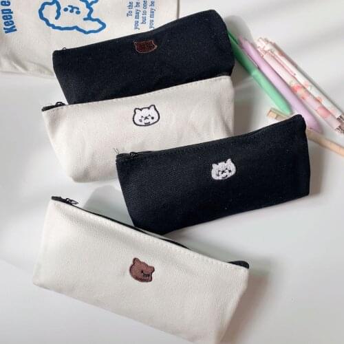 Kawaii Simple Bear Canvas Kid Pencil Bag Girls Boys Stationery Storage Organizer Pencil Case School Supply Pencil Pouch