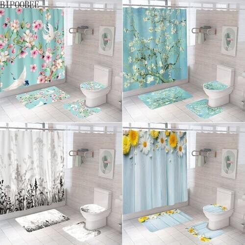 Red-crowned Crane Bathroom Shower Curtain and Rug Sets Beautiful Flower Printed Blue Bath Curtains Non-Slip Mat Toilet Lid Cover