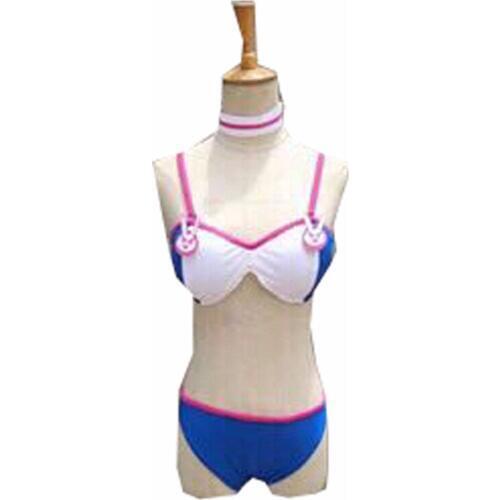 2018 Cute OW Game D.Va Rabbit Bunny Tail Blue & White Striped Lolita Halter Bikini Bra & Panties Set Unique Womens Cotton Under