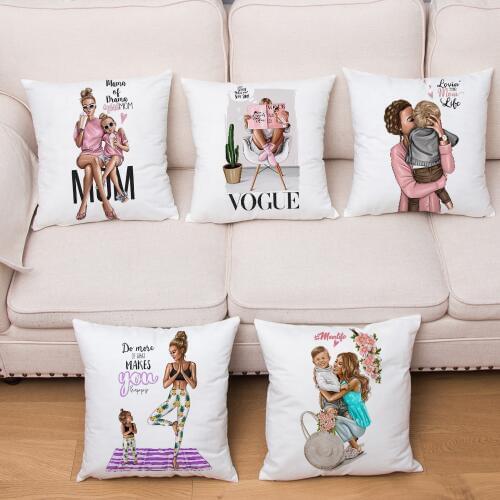 Cute Cartoon Fashion Mom and Baby Cushion Cover Short Plush Pillow Case Decor Print for Sofa Home Car Pillow Case 45x45cm