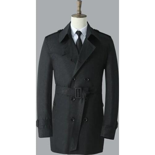 Mens trench coats spring autumn man double breasted short coat men clothes fashion business slim fit overcoat long sleeve black