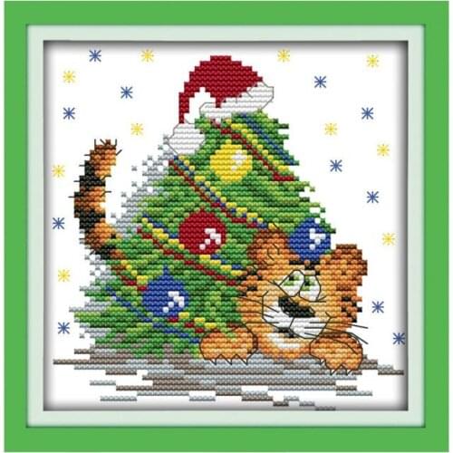 Joy Sunday Printed Cross Stitch Kits Needlework Set Christmas Tiger Cartoon Home Decor 14ct Embroidery 11ct Counted Cross Stitch