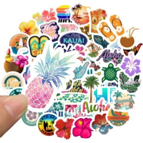 50pcs Hawaii Tropical Beach Summer Hibiscus Flower Cartoon Sticker For Laptop Computer Skateboard Luggage Helmet Toy Stickers