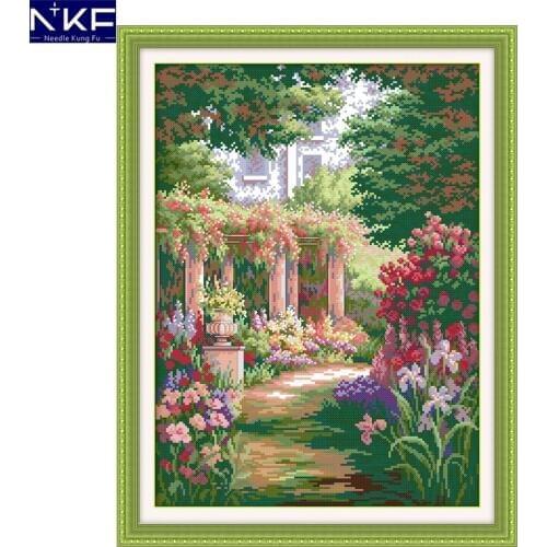 NKF Romantic Backyard Garden Counted Cross Stitch Painting DIY Needlework Embroidery Scenery Cross Stitch Kits for Home Decor