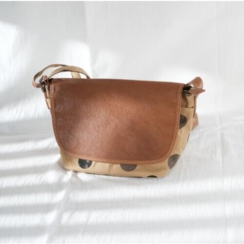 New Women Dot Printed Messenger Bag Sheepskin Real Leather Patchwork Canvas Shoulder Bag Casual Lady Retro Cargo Crossbody Bags