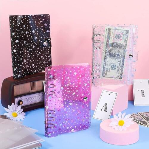 A6 Notebook Binder Cover Star PVC Soft 6-Ring Folders with Snap Button Closure for Journal Planner Office Stationery Supplies