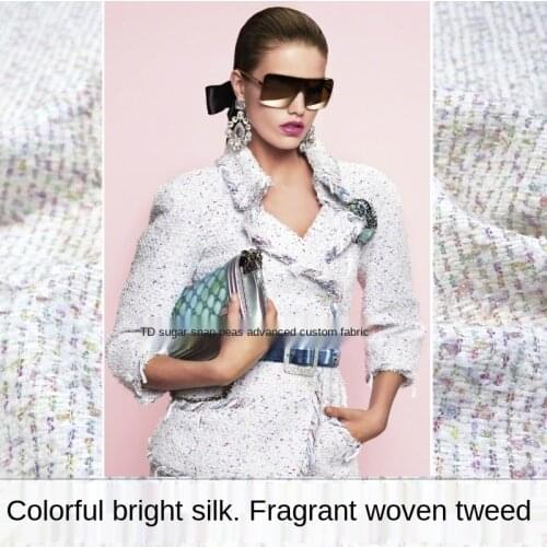 Small fragrant white color thread tweed fashionable plaid coat woolen fabric, sewing fabric factory shop is not out of stock