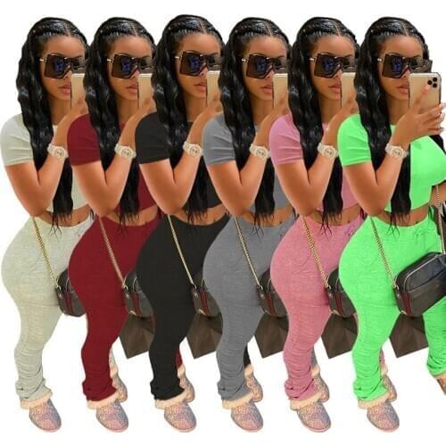 Casual Stacked Joggers Pants Set Pleated O-neck Short Sportwear Two Piece Set Crop Top + Long Pants Skinny Tracksuit Summer