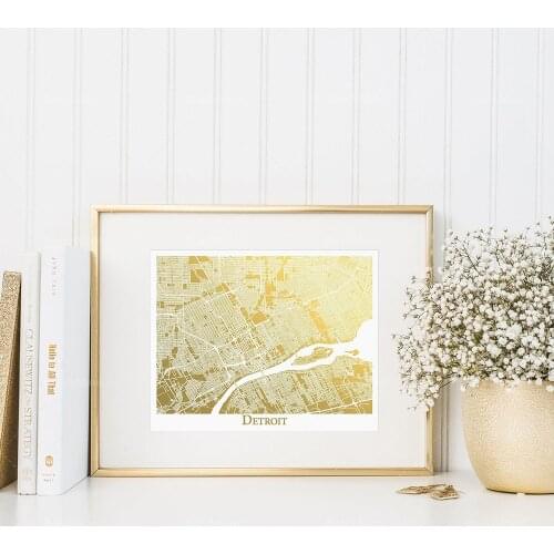 Detroit Carte Gold Foil Print, Carte de Detroit, Michigan, map, printing, moving gift decoration poster