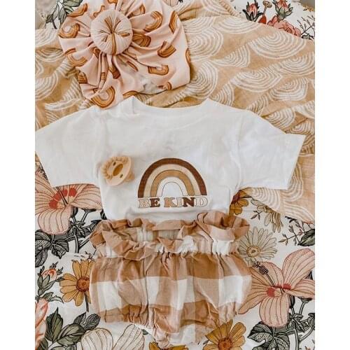 Toddler Baby Summer Casual Clothes Boys Girls Rainbow Letter Print Pullover T-shirts+Plaid Ruffles Shorts Holiday Beach Outfits