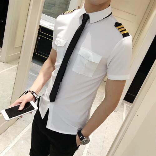 Flight Attendants Clothing Spring Men Short Sleeve Shirt Summer Slim Fit Casual Mens Shirts 6XL-S Camisa Masculina Black/White