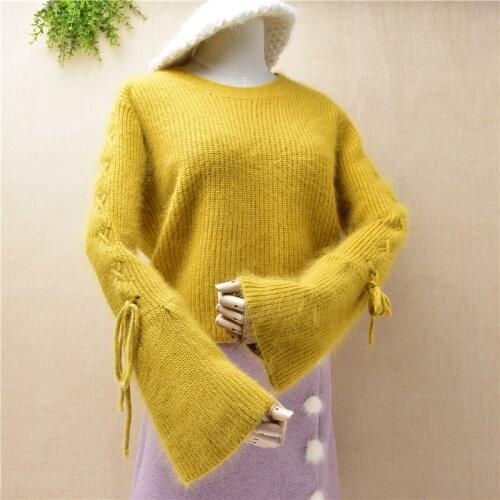 High quality women fashion O-neck sweater women top Flare sleeve warm pullover lace up short spring clothes