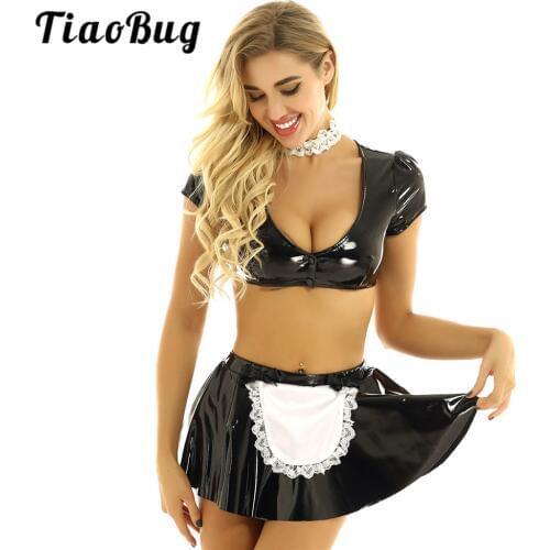 TiaoBug Women Patent Leather Maid Cosplay Sexy Costumes Deep V-neck Short Sleeve Crop Top with Flared Mini Skirt and Choker Set