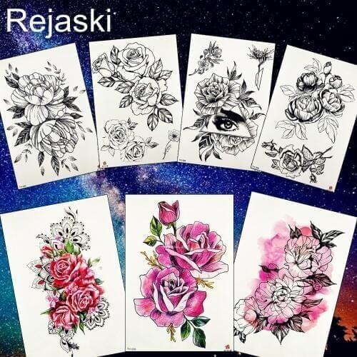 Rejaski Draw Triangle Rose Eye Sexy Flower Temporary Tattoo Sticker Watercolor Tattoos Body Art Arm Butterfly Fake Tatoo Women