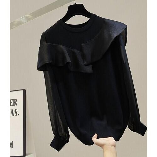High-End Temperament Irregular Ruffled Chiffon Long Sleeve Stitching Ice Silk Sweater Loose Womens Pullover Jumper Top