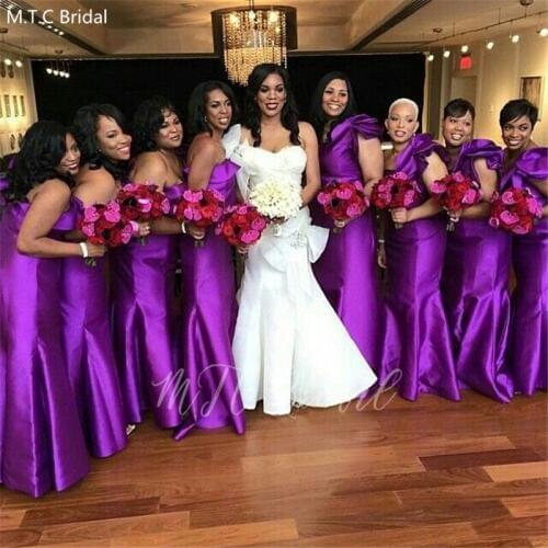 Purple Mermaid One Shoulder Bridesmaid Dresses With Big Flower Long Satin Plus Size Black Girls Prom Gowns Robe De Soiree