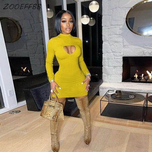 ZOOEFFB Sexy Hole Bodycon Mini Dress for Women Long Sleeve Fall Fashion Stretch Y2k Birthday Outfits Club Party Evening Dresses