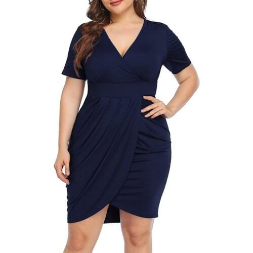 Womens Plus Size Short Sleeve Deep V Neck Bodycon Wrap Dress Front Slit Solid Color Bodycon Dresses Shirring Oversize Vestidos