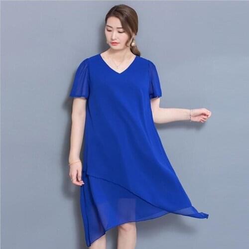 Summer Autumn Plus Size L-4XL 5XL Casual Solid Dress 2020 Short Sleeves V-neck Dress Woman Elegant Pure Knee-Length Dress Balck