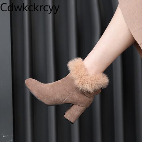 Winter The New Rabbit hair fashion Pointed Thick with 7CM Martin boots black Bow Plus velvet Keep warm High heel Women boots