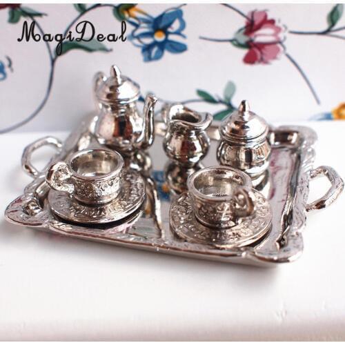 10Pcs Silver Alloy Tea Lid Pot Cups Tray Set for 1:12 Dollhouse Miniature Doll Home House Model Furniture Decor Accs