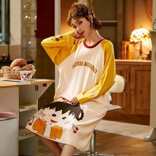 2020 Autumn Long Sleeve Cotton Nightgowns Long Dress for Women Cute Cartoon Sleepwear Night Gown Home Dress Nightdress Nighty
