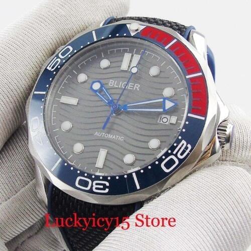 41mm BLIGER Brand Logo Grey Dial Fashion Design Sapphire Glass Rubber Strap Automatic Mens Watch
