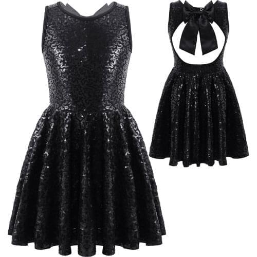 Girls Ballet Leotard Tutu Dress Dance Wear for Kids Child Sleeveless Sequins Hollow Back Bowknot Party Stage Performance Costume