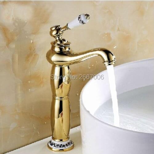Free shipping Promotion Bathroom Mixer Tap Ceramic Golden Finish Tall Basin Mixer Faucet Hot and Cold Porcelain Water Tap ZR412