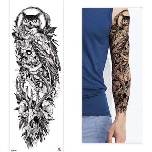 Large Arm Sleeve Tattoo Owl Snake Skeleton Waterproof Temporary Tatto Sticker Totem Pattern Bird Body Art Full Fake Tatoo Men