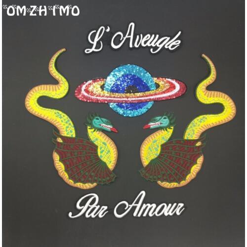 Large Fabric Sticker Sequined Planet Patch Sew on Embroidered Dragon&Letter Animal DIY Applique 3D Cool Iron-on Patch