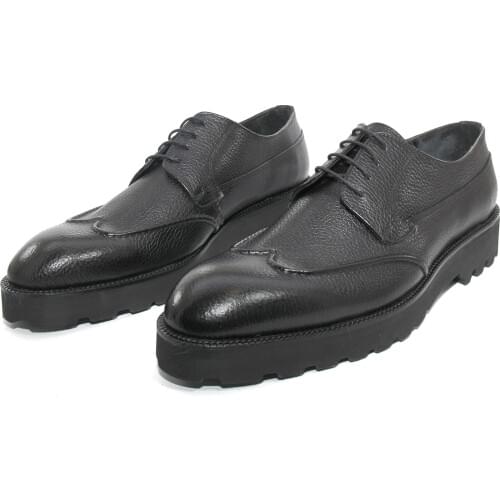 SHENBINS Handmade Black Derby Shoes with Height Increasing Extra Light EVA Soles, Real Leather, Formal Fashion Footwear