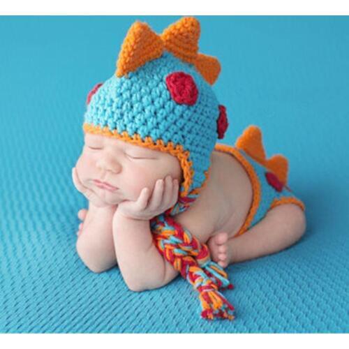 2pcs Newborn Photography Props Cute Dinosaur Baby Crochet Knitted Hat Shorts Winter Costumes Infant Toddler Handmade Clothes