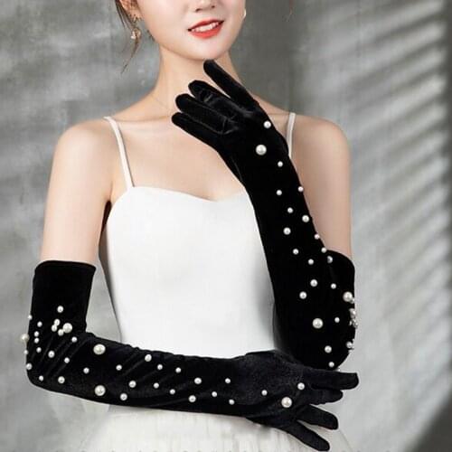Korean Women Wedding Dress Long Golden Velvet Retro Pearl Gloves Winter Full Finger Etiquette Cycling Driving Warm Mittens M81