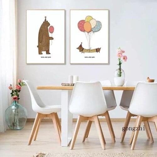 Bear and Dog Holding Balloons Nursery Wall Art Poster Cartoon Animal Canvas Painting Picture Nordic Baby Kids Room Home Decor