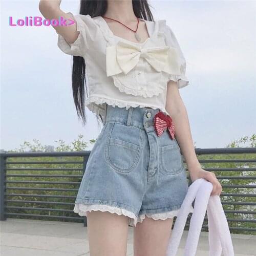 Lolibook Kawaii Sweet Jeans Women Summer 2021 Blue Casual Lolita Wide-legged Pant Lace High Street Pretty Korean Style Clothing
