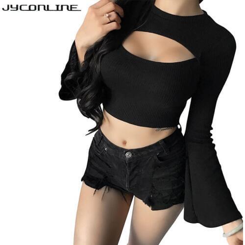 JYConline Fashion Hollow Women Tops Autumn Flare Sleeve T-shirts Female Cropped Top Black Slim Women T Shirt Ladies Sexy Tees