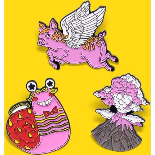Cartoon Pink Angel Snail Pig Enamel Pin Pink Flying Pig Volcano Cloud Brooches Badge Jewelry for Kids Gift Spille Wholesale