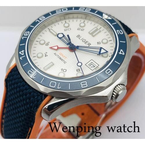 Bliger 41mm Mens Top Classic GMT Watch Sapphire Glass Ceramic Bezel White Dial Luminous Rubber Strap Mens Automatic Watch
