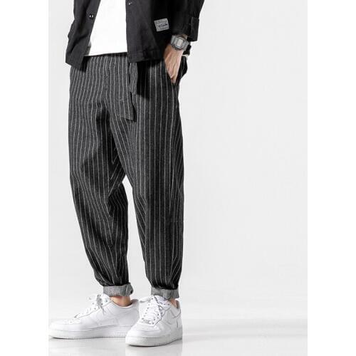 Mens 2020 Streetwear Loose Denim Pants Men Autumn Winter Striped Oversize Harem Pants Male Fashion Pockets Jeans