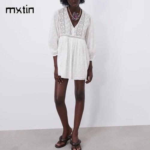 MXTIN 2021 Women Vintage White Embroidery Mini Dress Hollow Out V Neck Long Sleeve Female Party Dresses Chic Vestidos Mujer