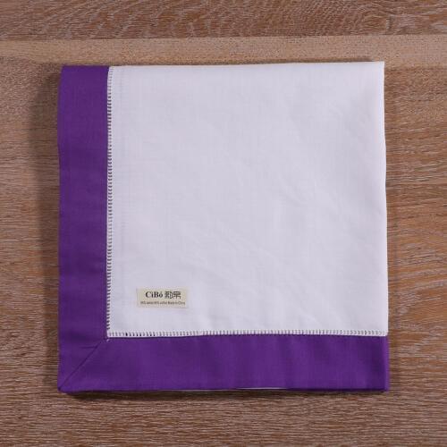 N037-P-20: 4pieces White Hemstitch Dinner Napkins Purple hem Ramie Cotton Blend Ladder Hemstitch table linen