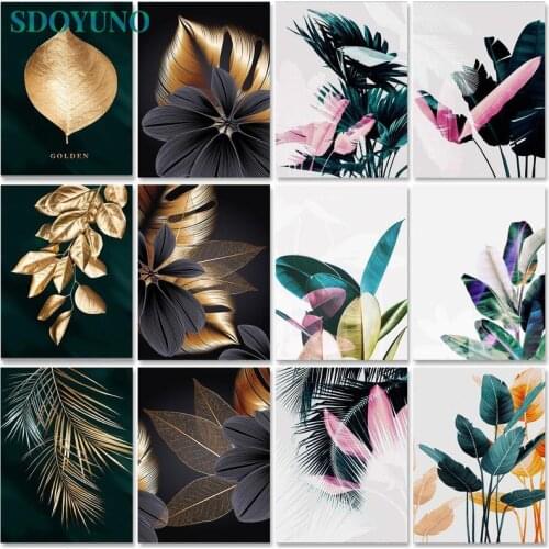 SDOYUNO 60x75cm Paint By Numbers Golden leaf DIY Set of Acrylic Paint For Painting By Numbers On Canvas Plant Scenery Home Decor