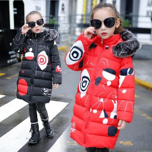 Teenage Girls 2018 New Black Red Thick Coat Winter Wear Costume For Size 5-14 Years Child Casual Down Cotton Graffiti Jacket