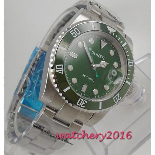 NEW 40mm Bliger Green Dial Sapphire Glass Rotating Bezel Calendar Steel Case Luminous Luxury Automatic Movement mens Watch