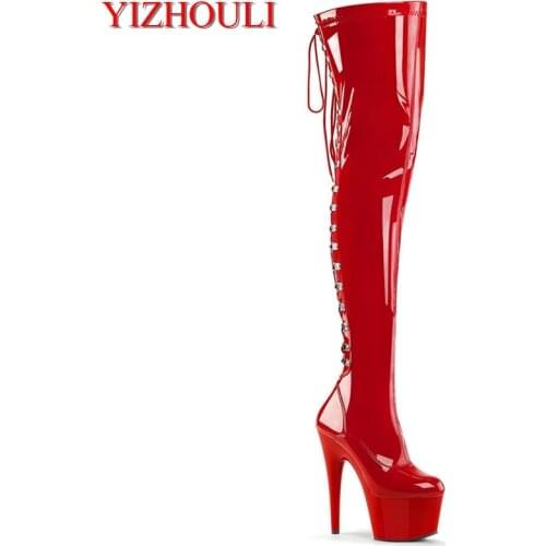 Sexy over-the-knee boots with 17cm heels, stage party runway shoes, and pole dancing boots with a 7in lace-up at the back