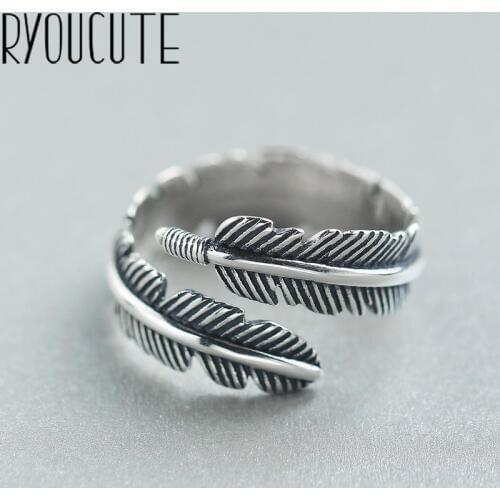 Romantic Silver Color Feather Finger Rings for Women Fashion Adjustable Antique Rings joyas de plata Ladies Gifts