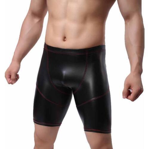 Sexy Underwear Men Boxers Shorts Cuecas Black Faux Leather U Convex Pouch Mid-waist Long Leg Underpants calzoncillos M-XXL
