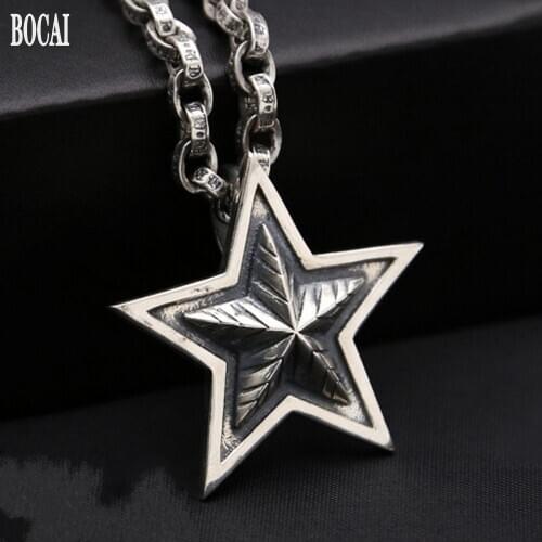 BOCAI New solid S925 sterling silver jewelry punk five-pointed star pendant Thai silver Korean men and women large pendant